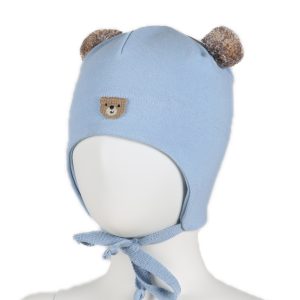 KiVAT vårlue i økologisk bomull med vindstopper og teddybjørn - lyseblå