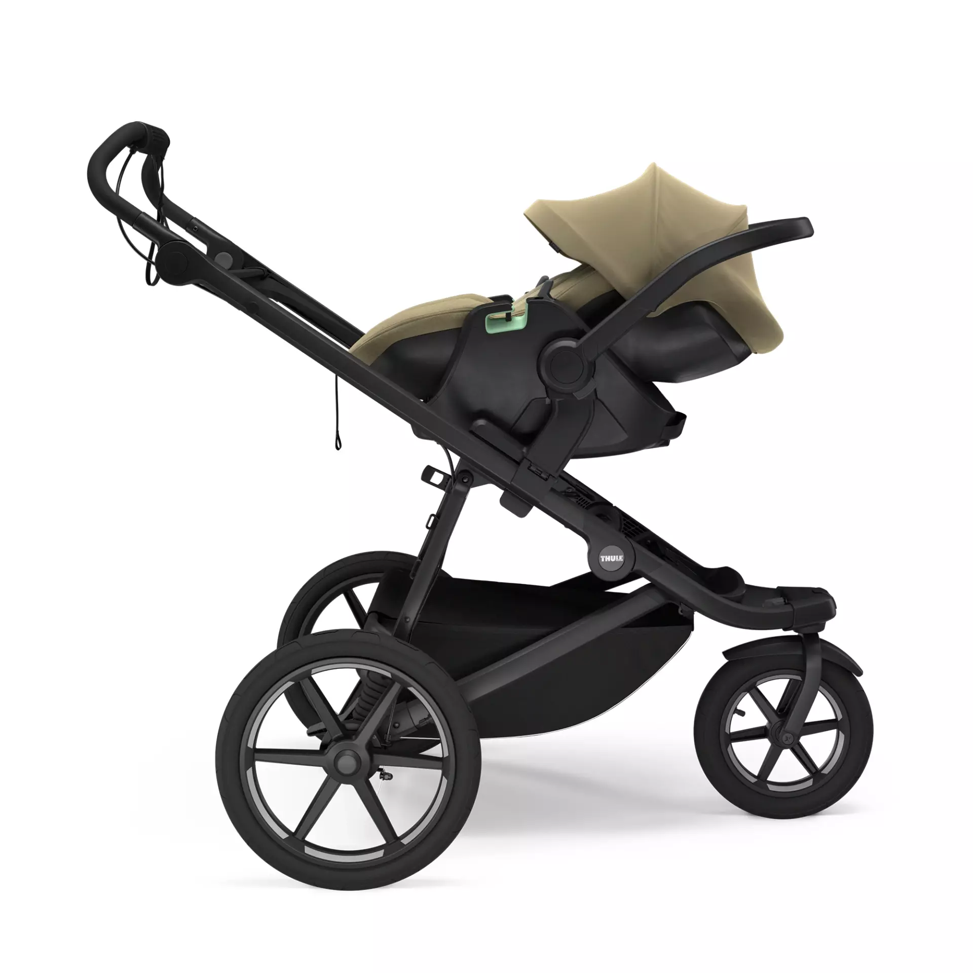 Thule Maple Connect Faded khaki som travelsystem på dobbel barnevogn