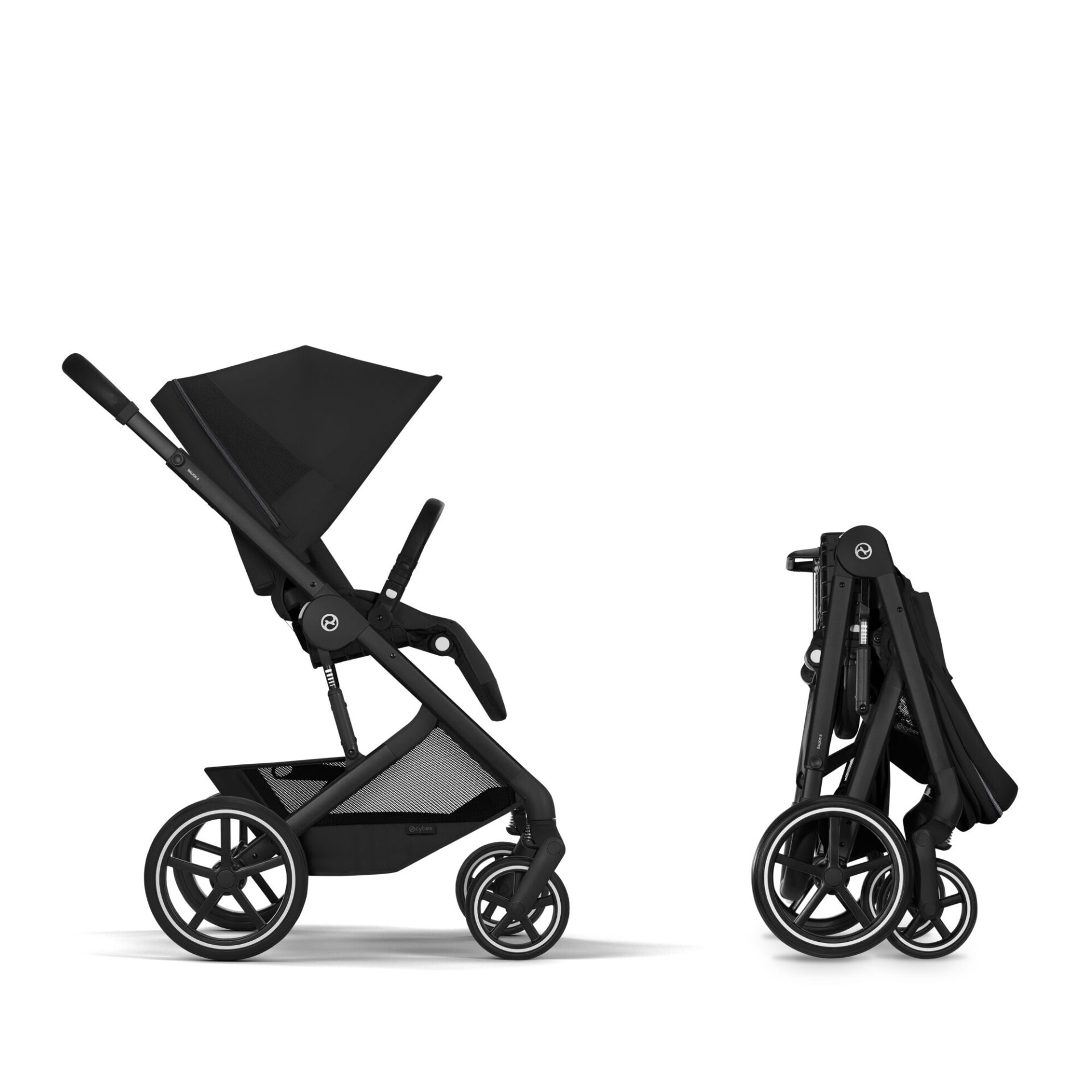 Cybex Balios S Lux i Moon Black slått sammen med sittedel