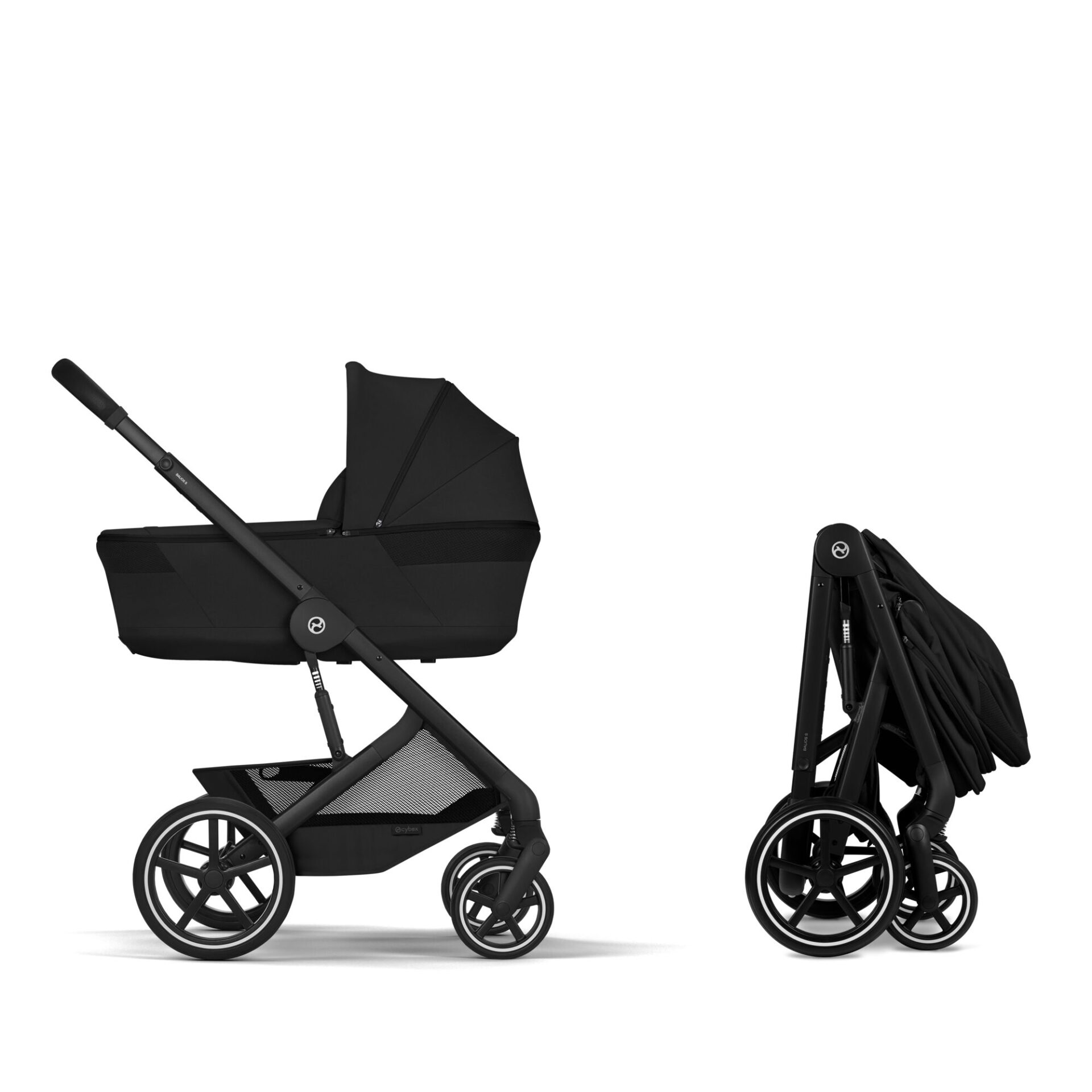 Cybex Balios S Lux i Moon Black slått sammen med Fold Cot montert