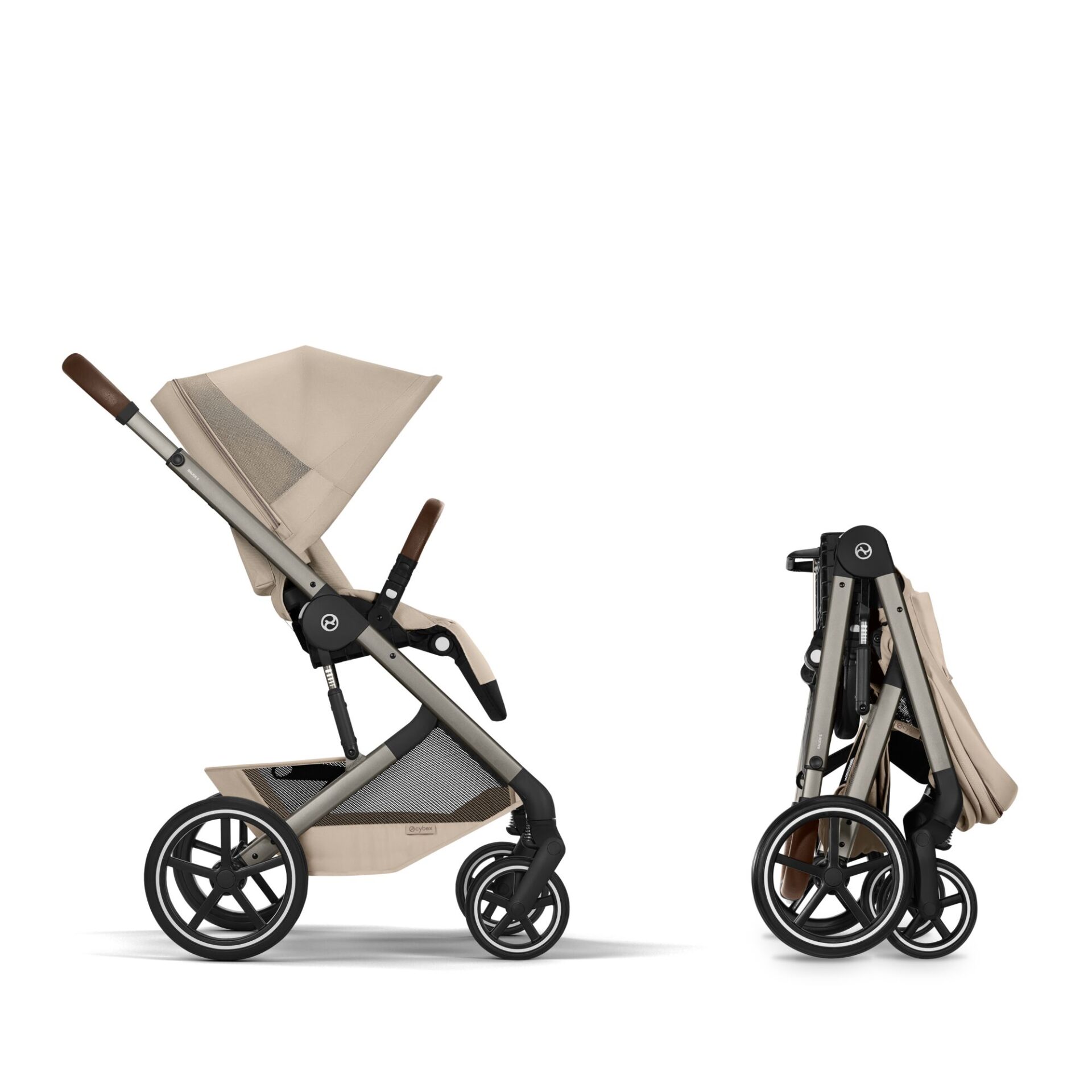 Cybex Balios S Lux i Almond Beige slått sammen med sittedel