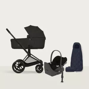 Cybex Priam 2026 med brettbar liggedel, Cloud T i-Size PLUS på Base T og Snøgga Mini 2 i Sepia Black