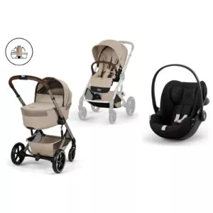 Nyfødtpakke Cybex Balios S Lux med brettbar liggedel i Almond Beige og Cloud G3 babybilstol i Magic Black
