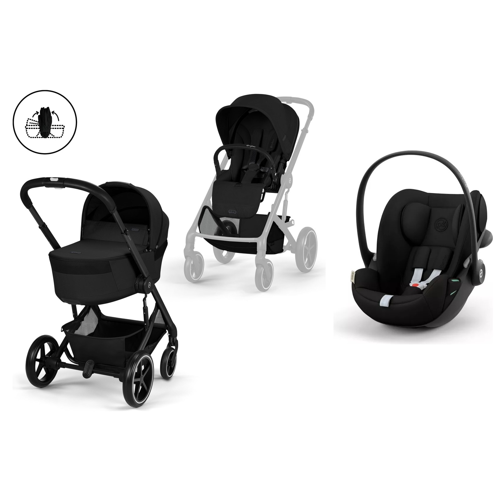 Nyfødtpakke Cybex Balios S Lux med brettbar liggedel i Moon Black og Cloud G3 babybilstol i Magic Black