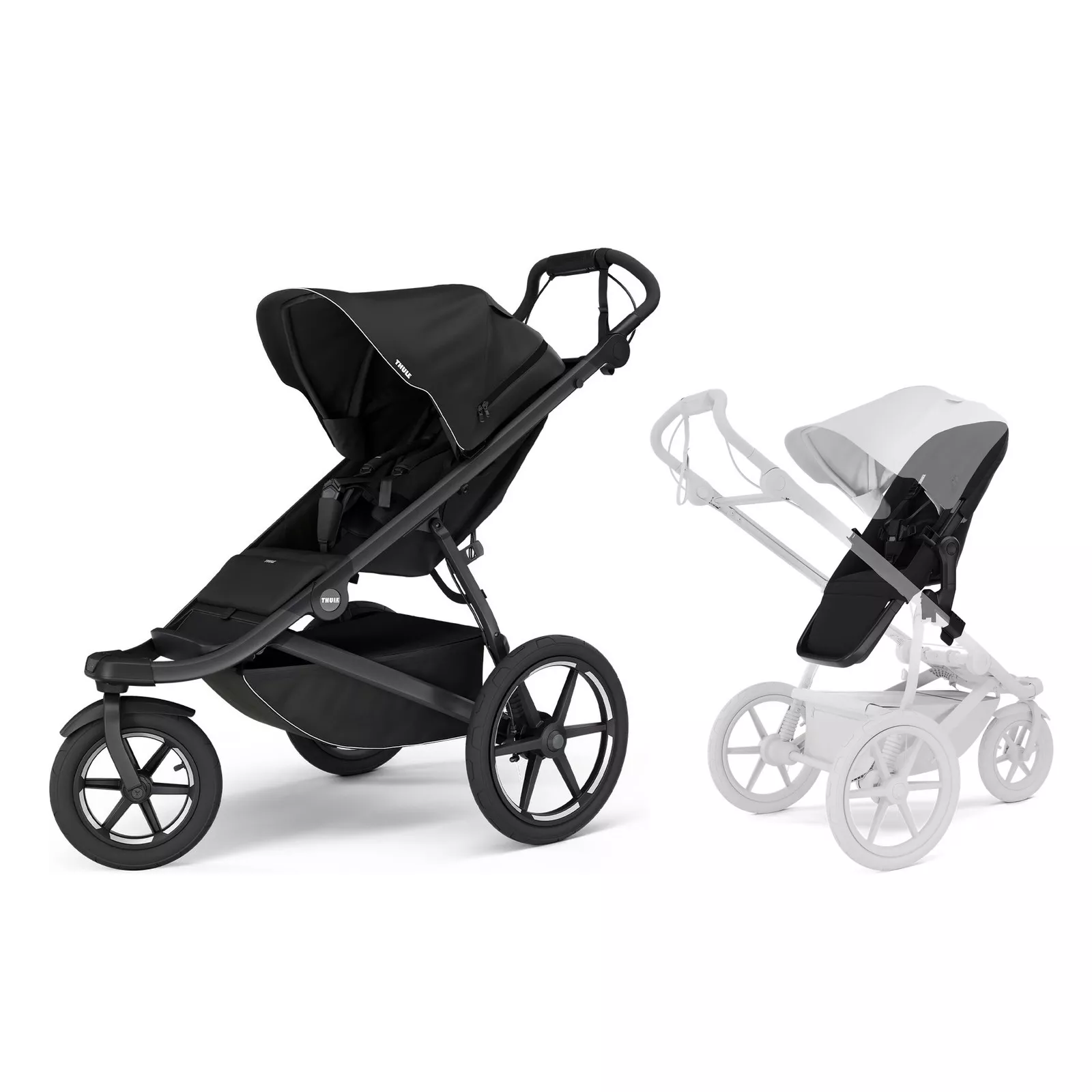 Thule Urban Glide 3 joggevogn i sort med Thule vendbart sete montert vendt mot forelderen