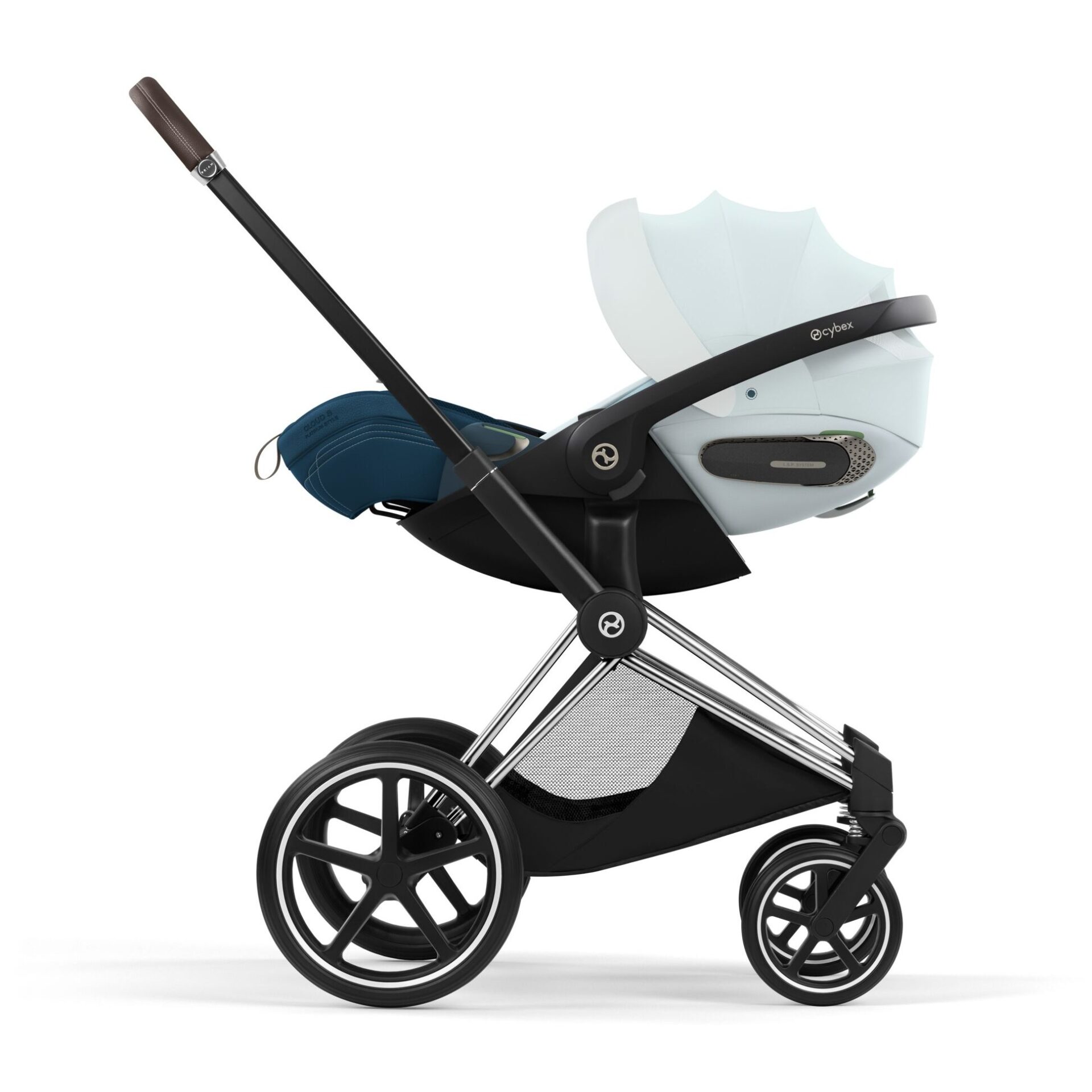 Cybex Priam Style 2026 i Chrome Brown med Cloud S i Opal Blue på understellet (tekstiler i Sepia Black)