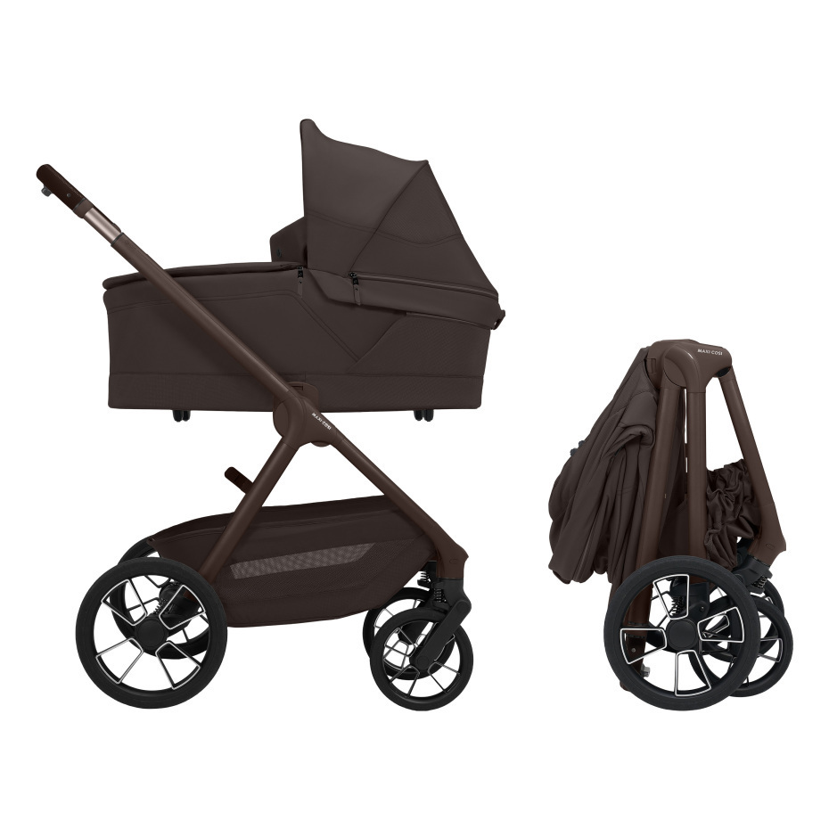 Maxi-Cosi Oxford+ i Espresso Brown med liggedel, og sammenlagt vogn ved siden av